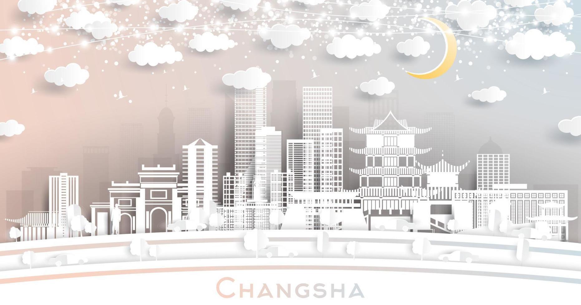 el horizonte de la ciudad china de changsha en estilo de corte de papel con edificios blancos, luna y guirnaldas de neón. vector
