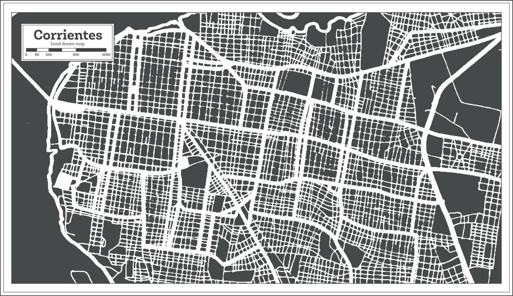 mapa de la ciudad de corrientes argentina en color blanco y negro en estilo retro. esquema del mapa. vector