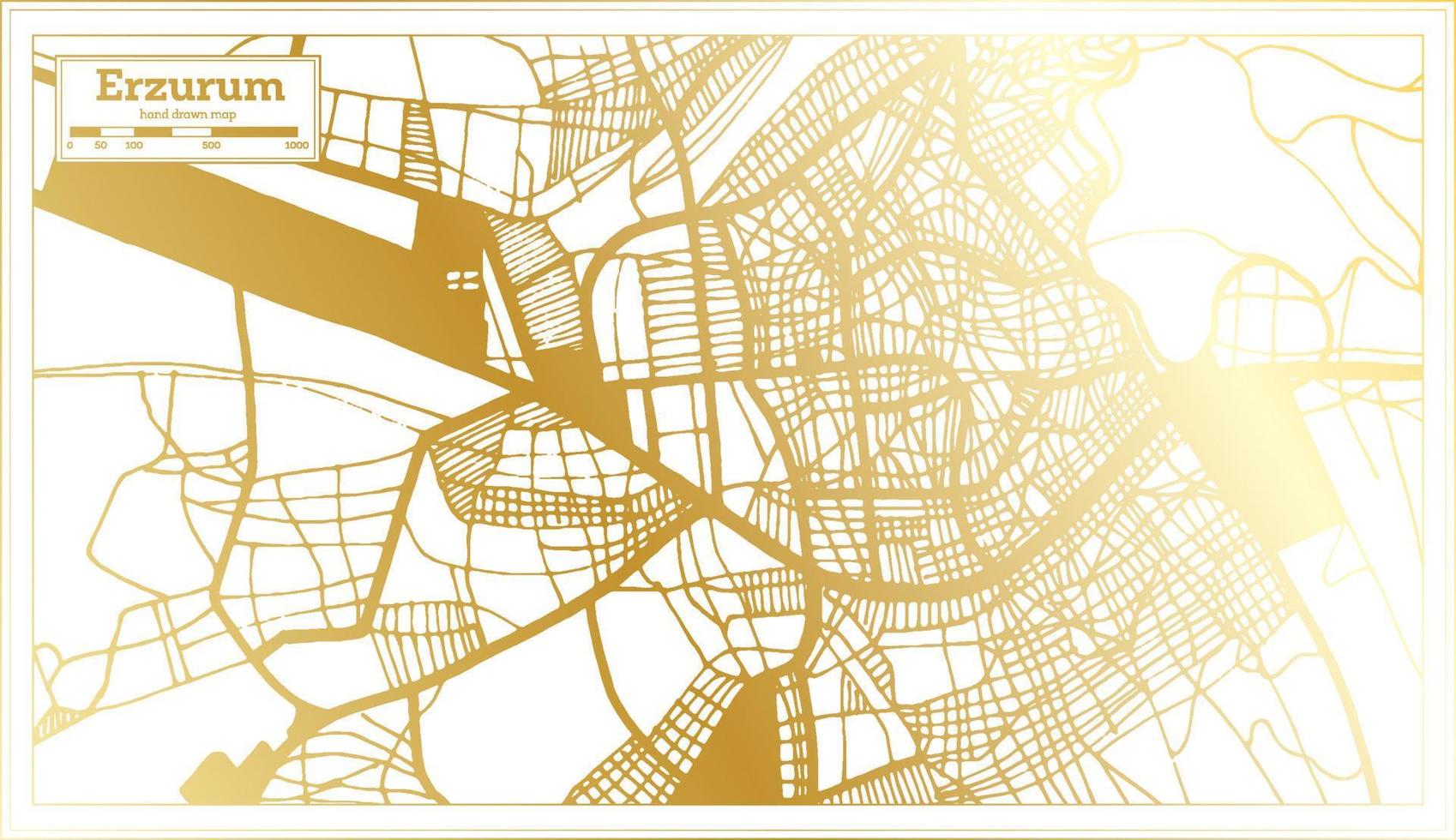 mapa de la ciudad de erzurum turquía en estilo retro en color dorado. esquema del mapa.. vector
