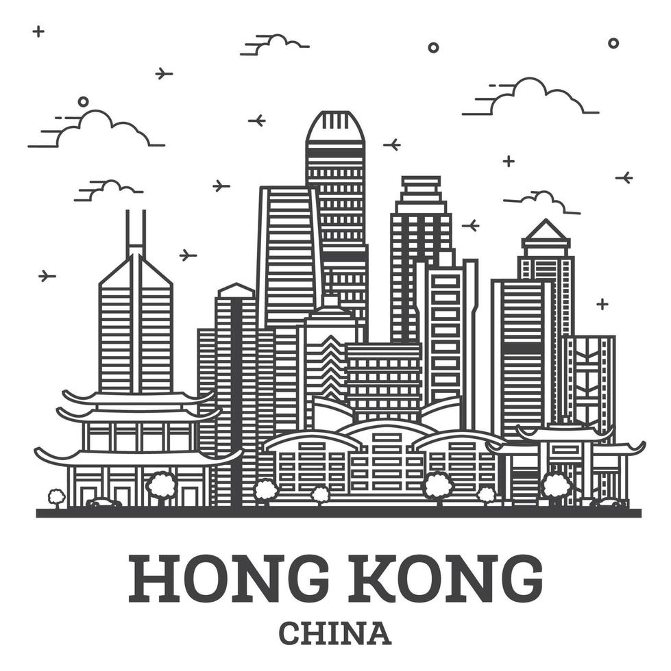 Outline Hong Kong China City Skyline with Modern Buildings Isolated on White. vector
