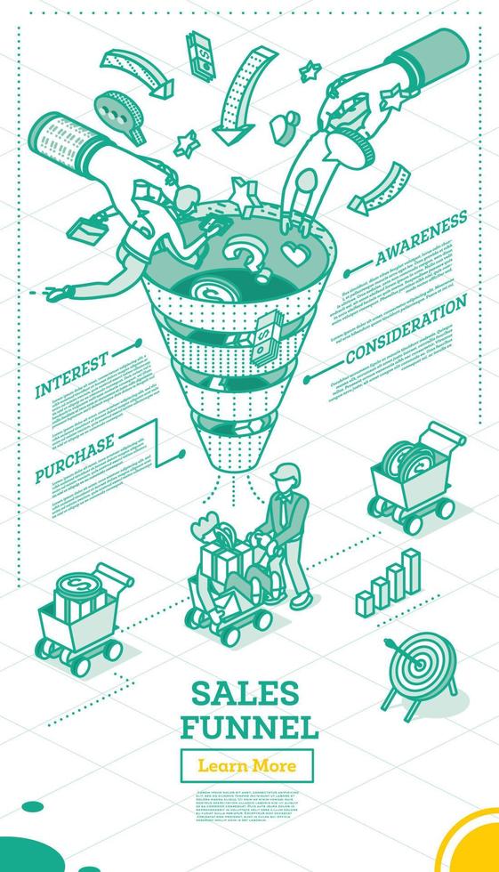 Stages of a Sales Funnel. Digital Marketing Concept. Hands Putting People Inside of Funnel. vector