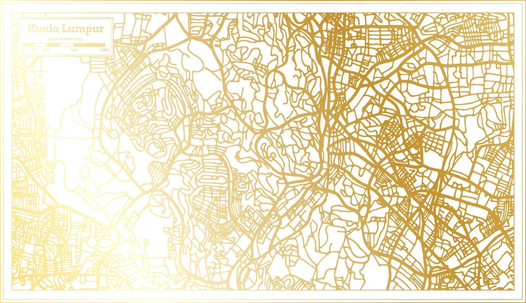 mapa de la ciudad de kuala lumpur malasia en estilo retro en color dorado. esquema del mapa. vector