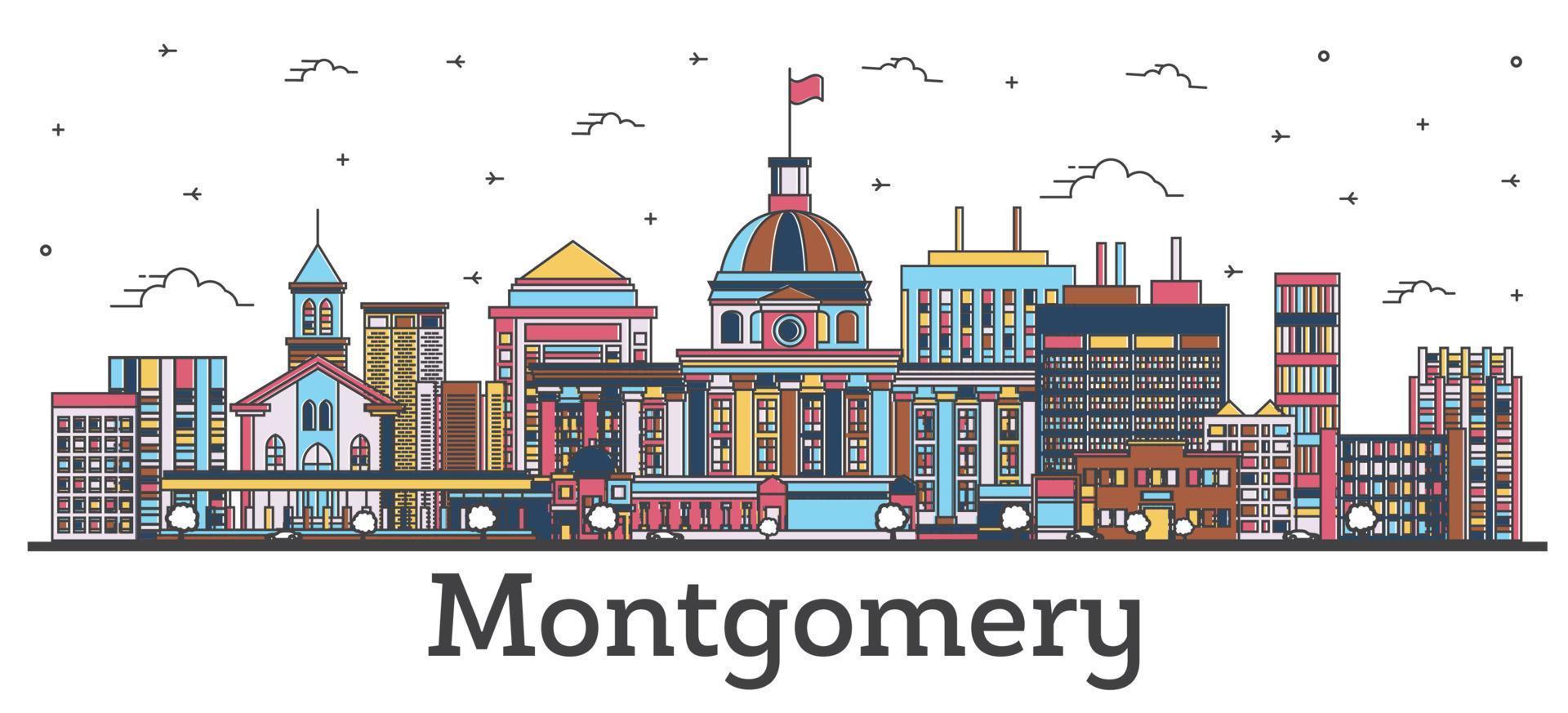 delinear el horizonte de la ciudad de montgomery alabama con edificios de color aislados en blanco. vector