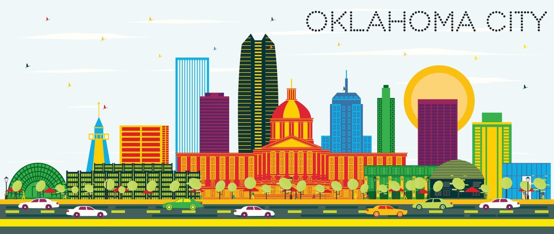 Oklahoma City Skyline with Color Buildings and Blue Sky. vector