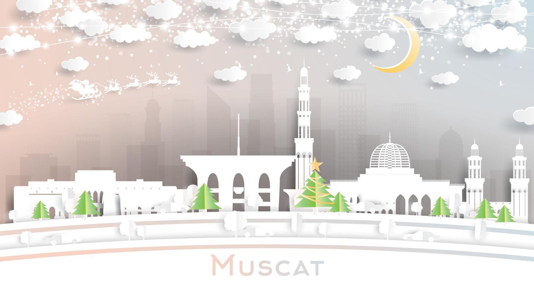 el horizonte de la ciudad de muscat oman en estilo de corte de papel con copos de nieve, luna y guirnalda de neón. vector