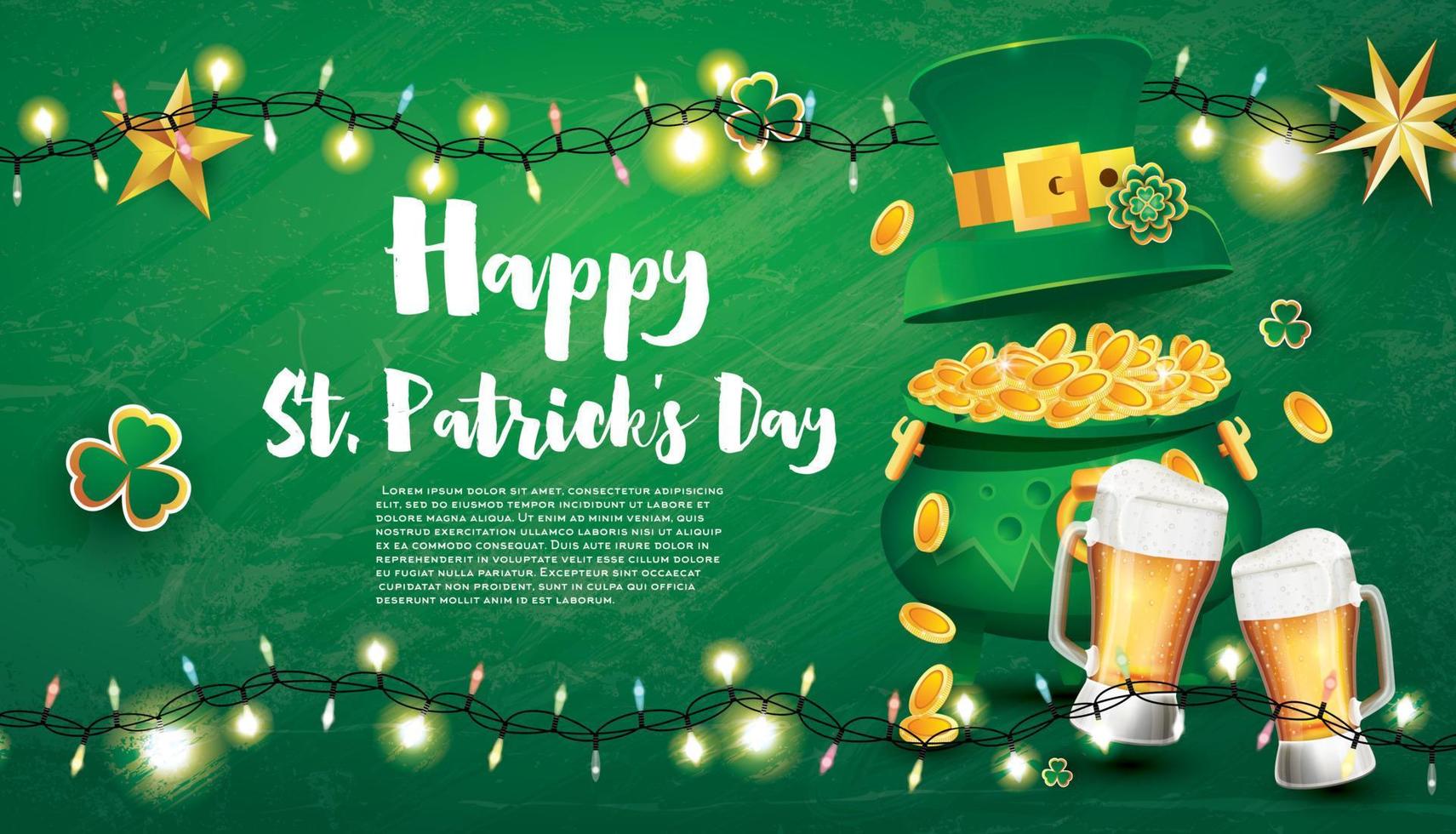 Saint Patricks Day Festive Banner with Pot Filled Golden Coins, Glass of Beer, Green Top Hat and Shamrock. vector