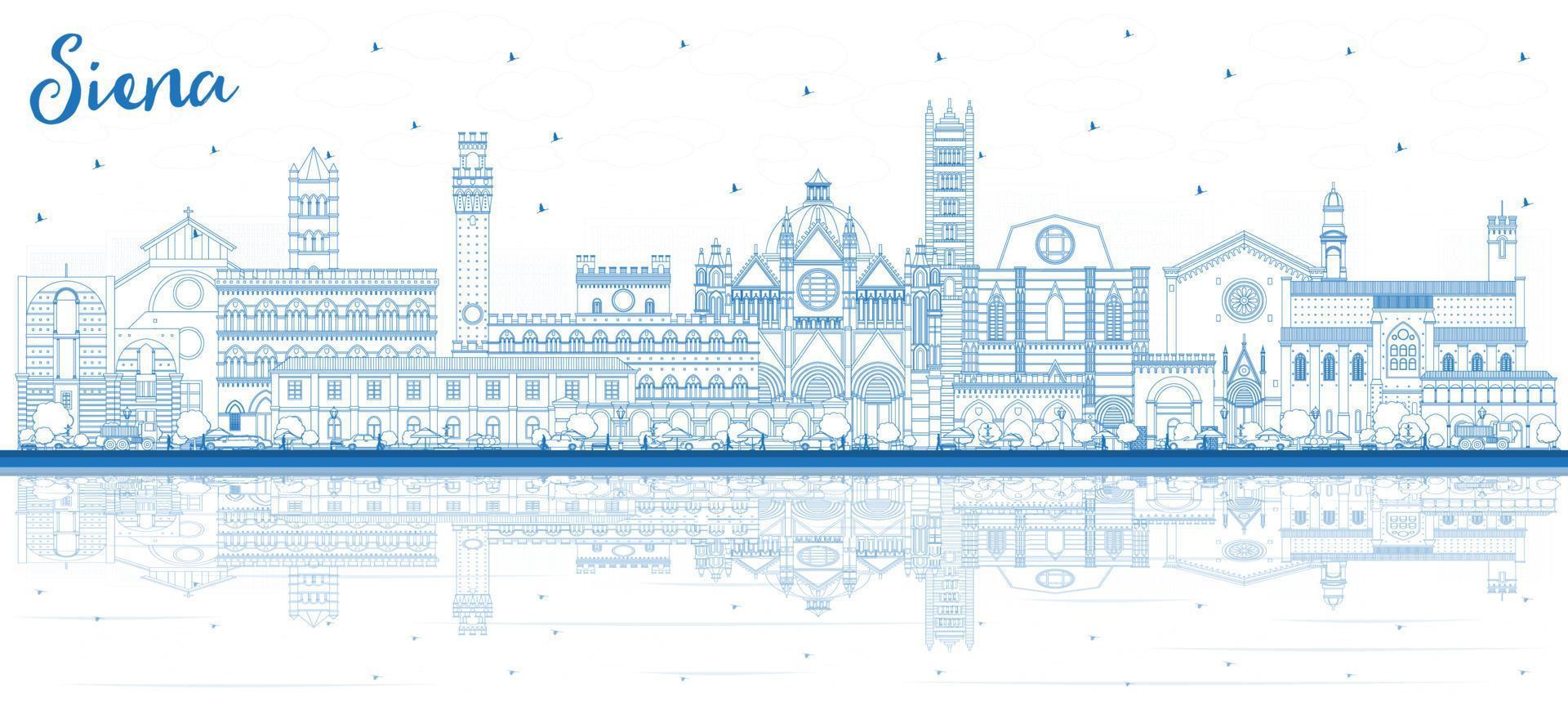 Outline Siena Tuscany Italy City Skyline with Blue Buildings and Reflections. vector