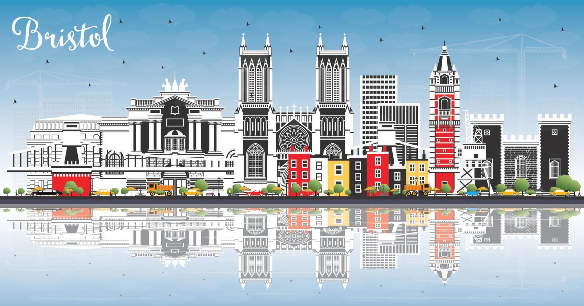 Bristol UK City Skyline with Color Buildings, Blue Sky and Reflections. vector