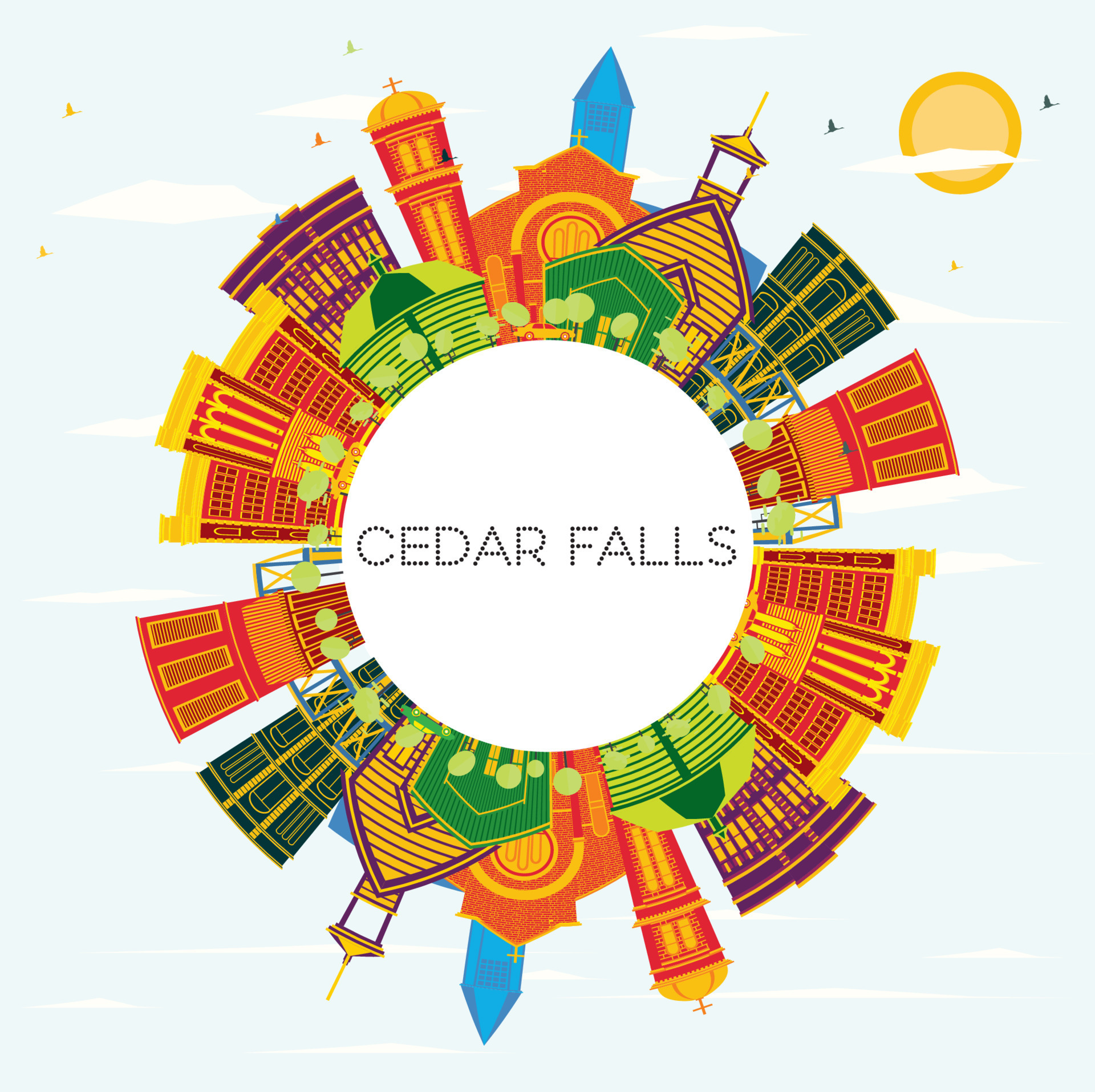 Cedar Falls Iowa Skyline with Color Buildings, Blue Sky and Copy Space