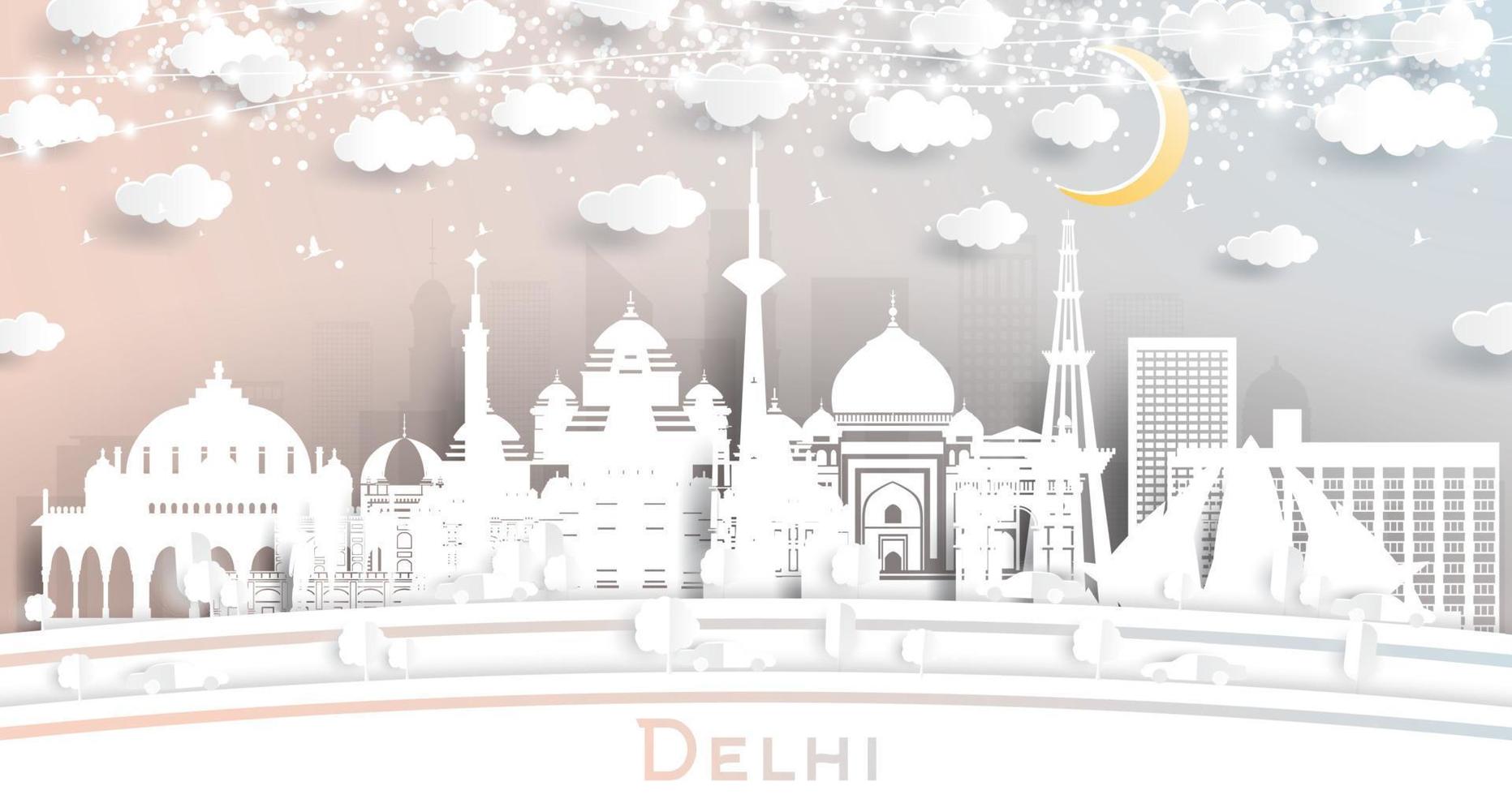 horizonte de la ciudad de delhi india en estilo de corte de papel con edificios blancos, luna y guirnalda de neón. vector