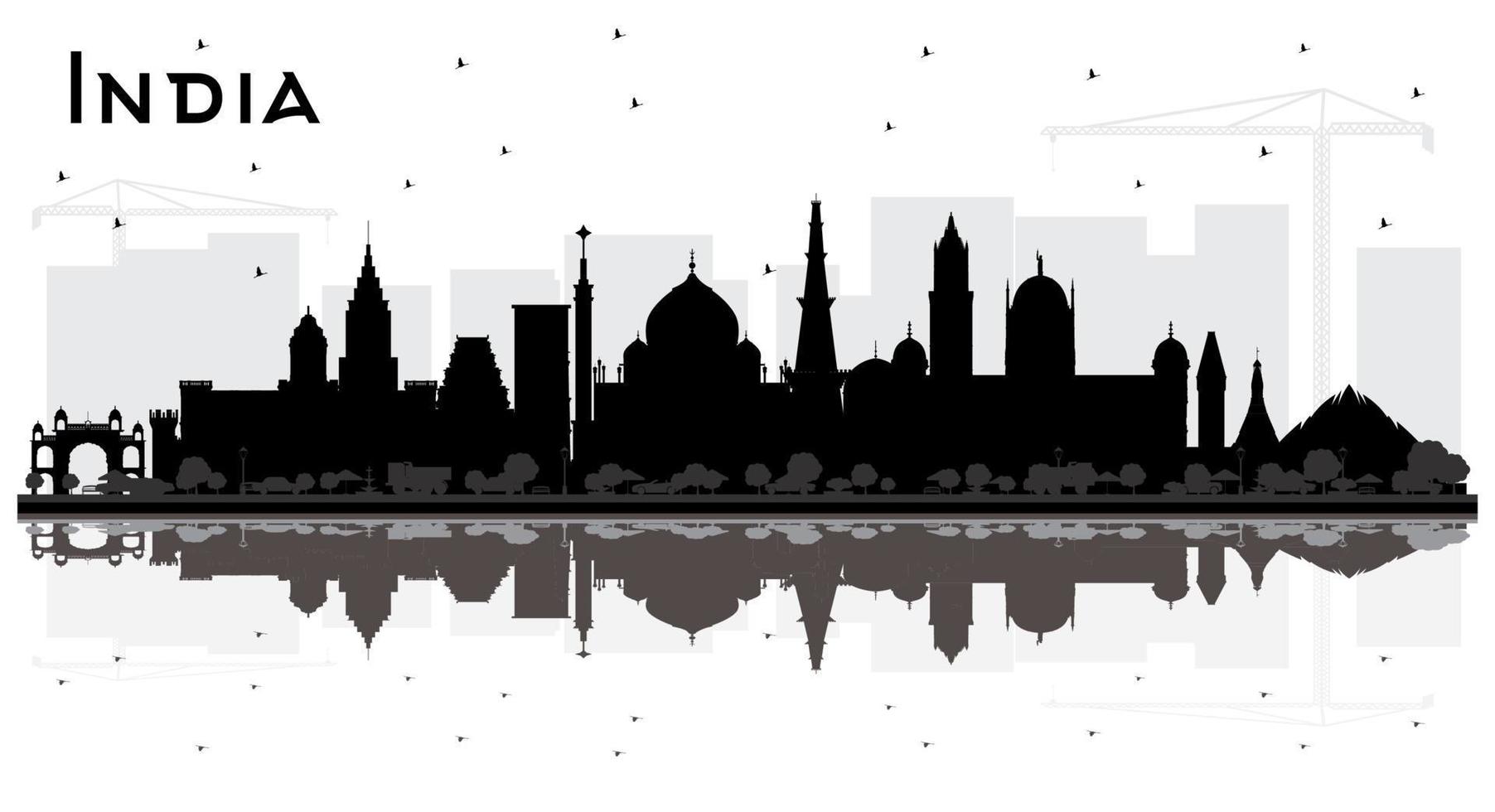 India City Skyline Silhouette with Black Buildings and Reflections Isolated on White. vector