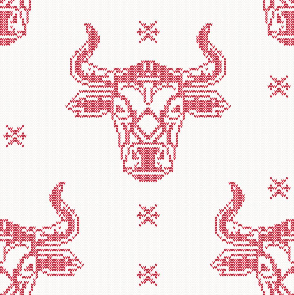 Knitted Seamless Pattern with Bull in Red Color. Symbol of 2021 on the Chinese Calendar. vector