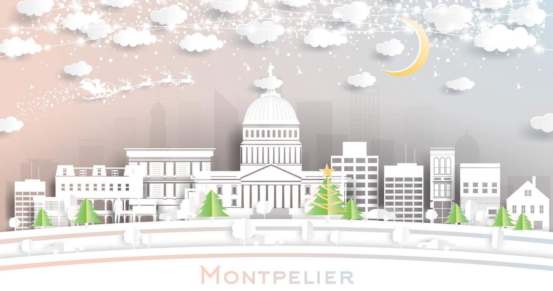 Montpelier Vermont City Skyline in Paper Cut Style with Snowflakes, Moon and Neon Garland. vector