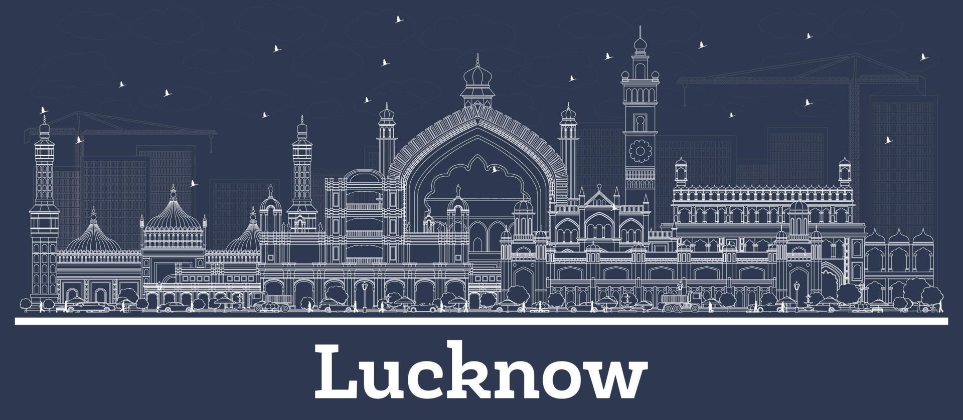 esbozar el horizonte de la ciudad de lucknow india con edificios blancos. vector