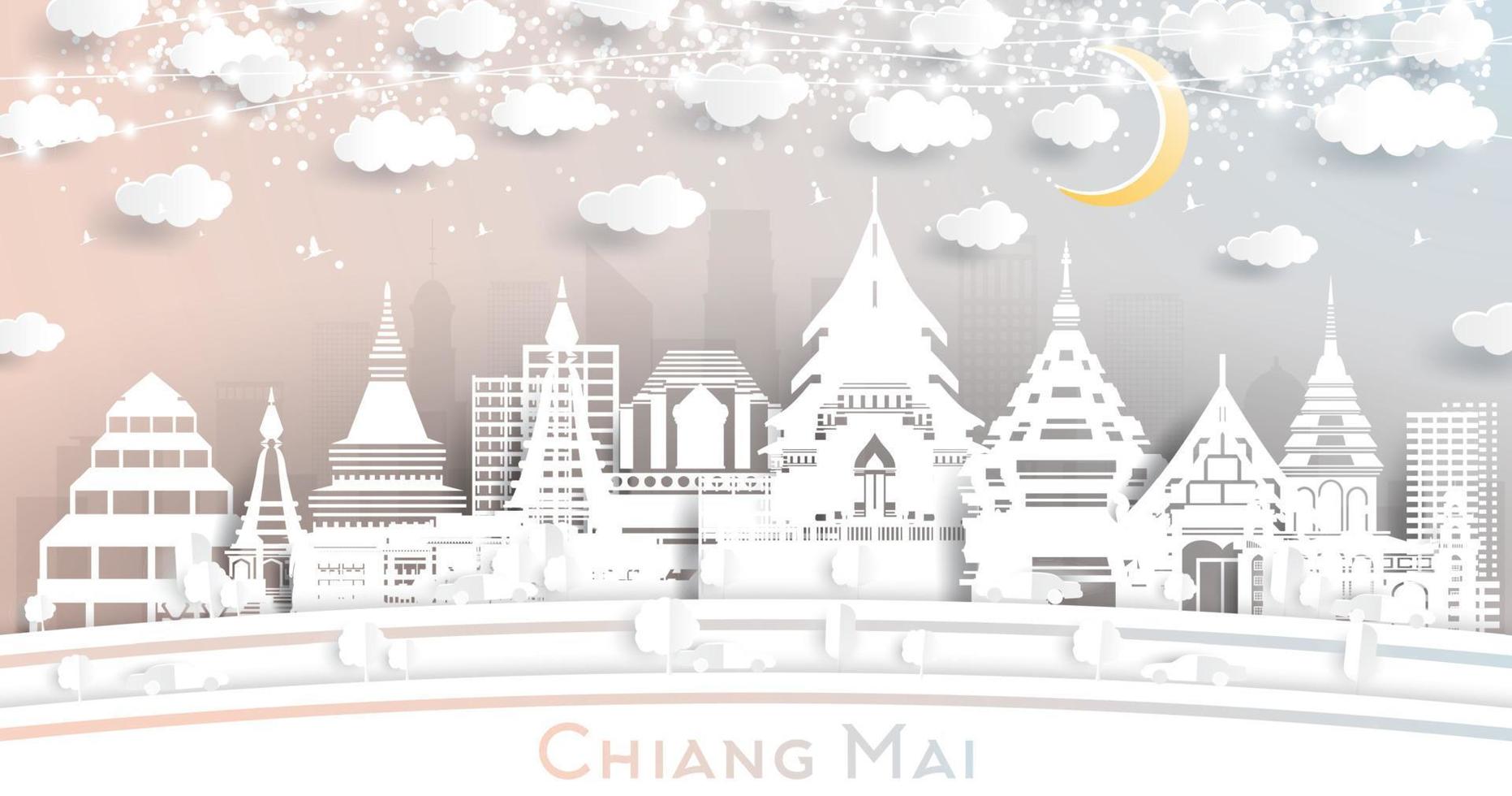 Chiang Mai Thailand City Skyline in Paper Cut Style with White Buildings, Moon and Neon Garland. vector
