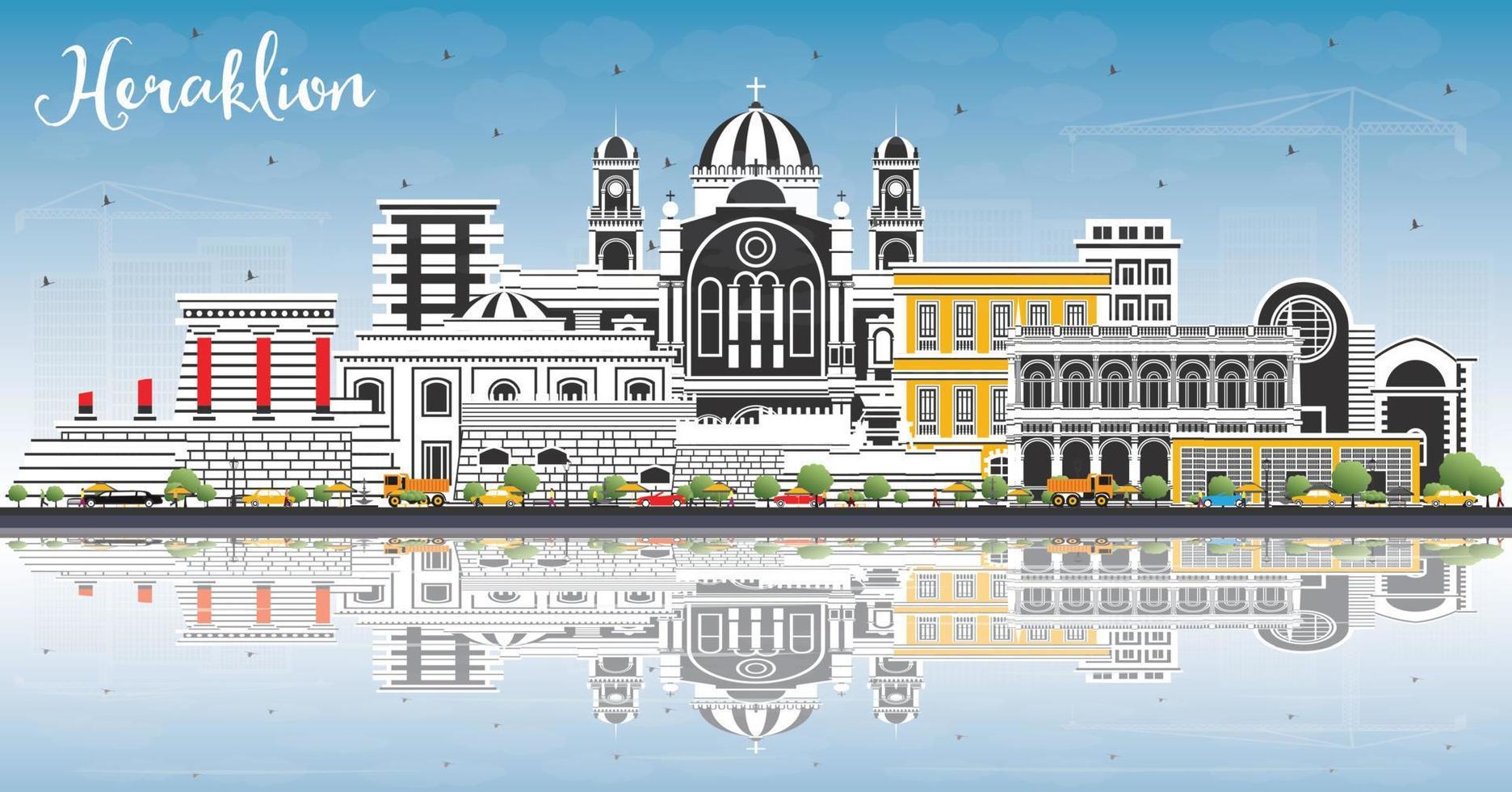 Heraklion Greece Crete City Skyline with Color Buildings, Blue Sky and Reflections. vector