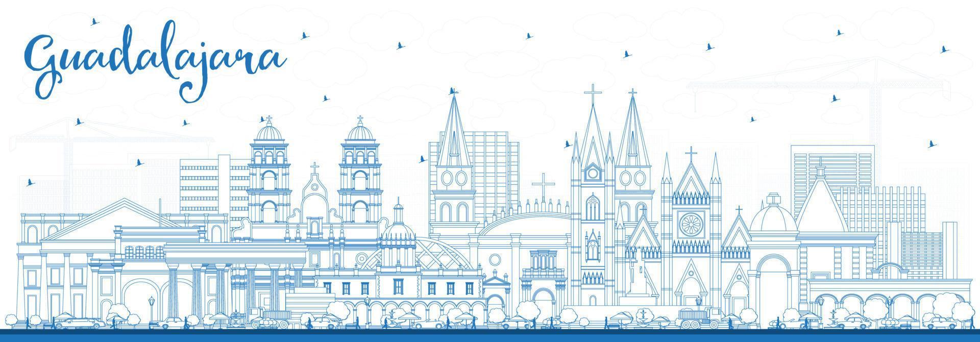 Outline Guadalajara Mexico City Skyline with Blue Buildings. vector