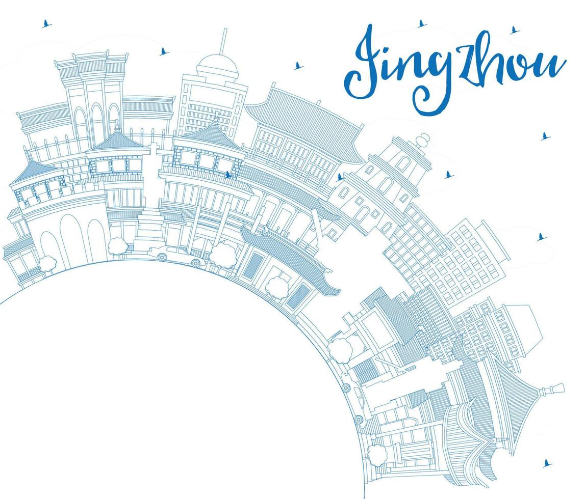 Outline Jingzhou China City Skyline with Blue Buildings and Copy Space. vector