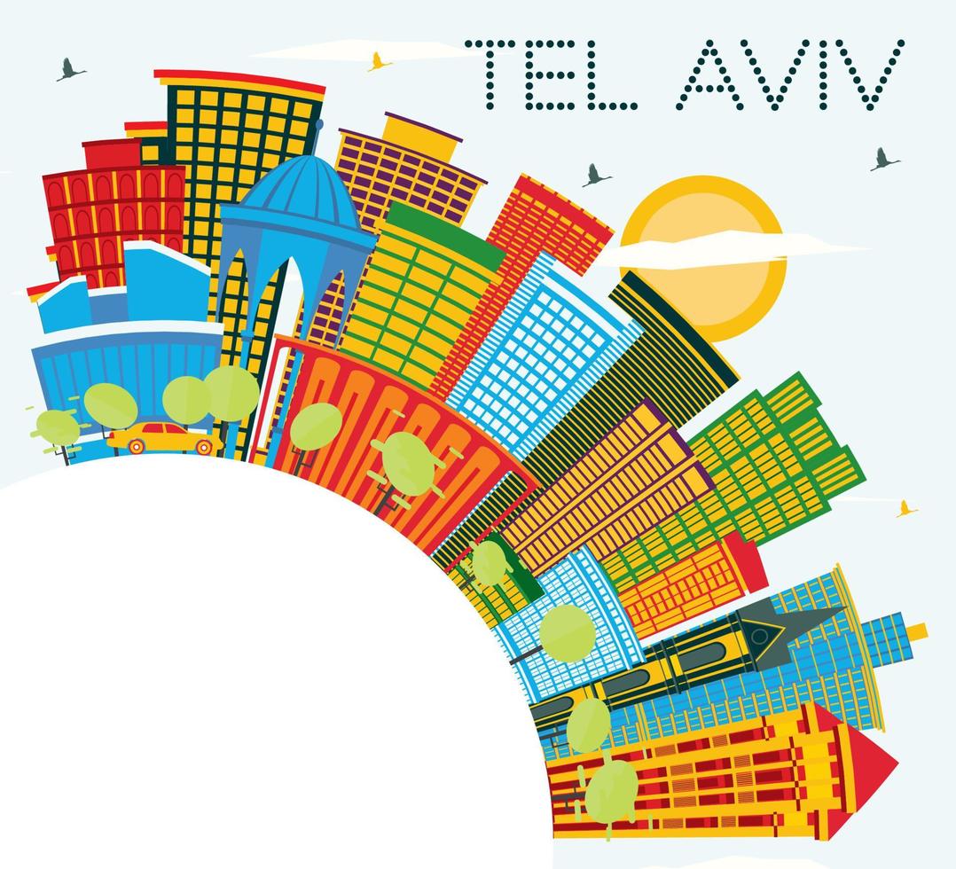 Tel Aviv Israel City Skyline with Color Buildings, Blue Sky and Copy Space. vector