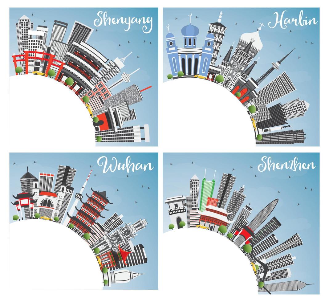 Chinese Cities Set. Harbin Wuhan Shenzhen Shenyang City Skyline with Gray Buildings, Blue Sky and Copy Space. vector