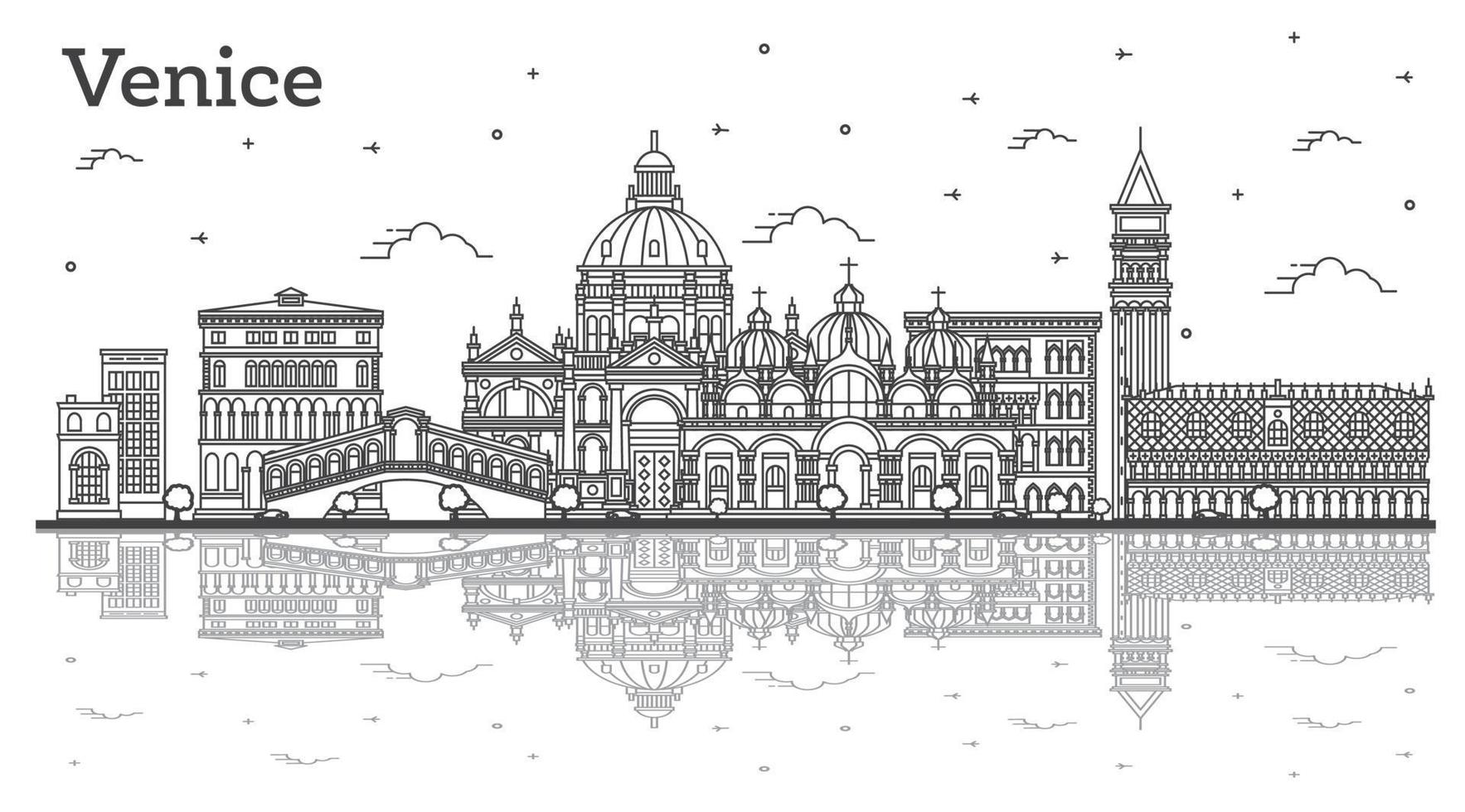 delinear el horizonte de la ciudad de venecia italia con edificios históricos y reflejos aislados en blanco. vector