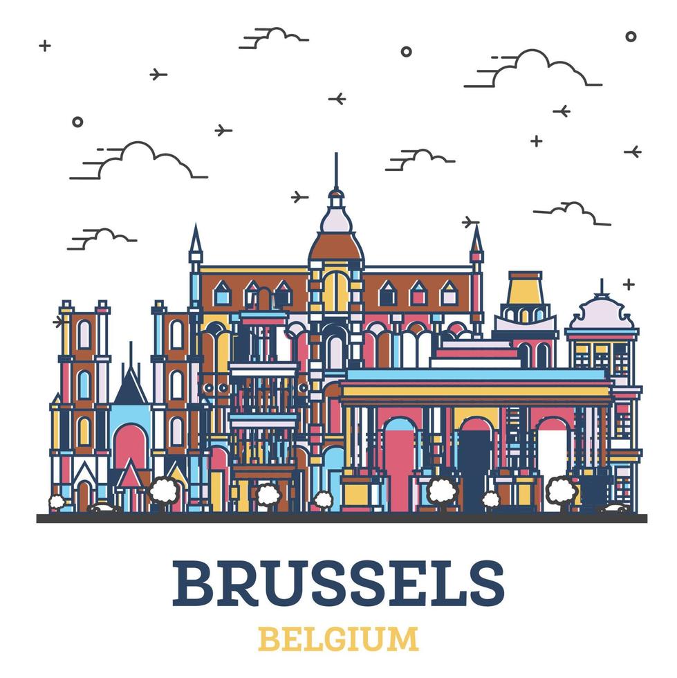 delinear el horizonte de la ciudad de bruselas, bélgica, con edificios históricos de colores aislados en blanco. vector