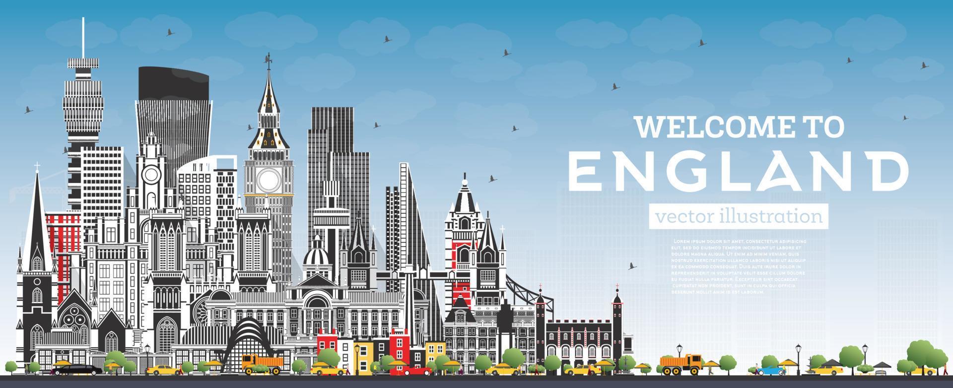 Welcome to England City Skyline with Gray Buildings and Blue Sky. vector