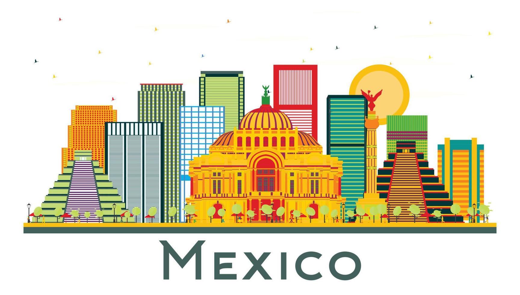 Mexico City Skyline with Color Buildings Isolated on White. vector