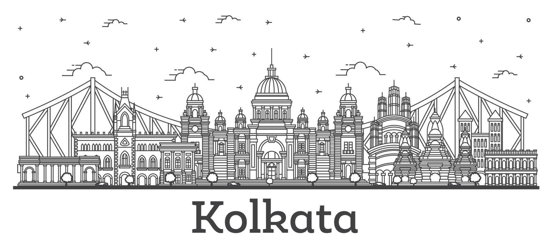 delinear el horizonte de la ciudad de kolkata india con edificios históricos aislados en blanco. vector