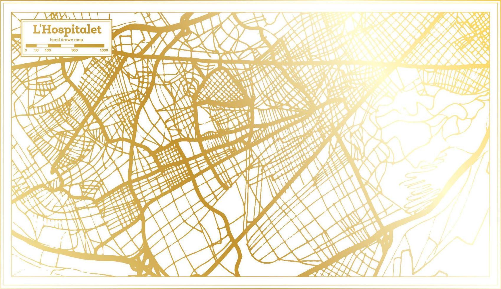 l mapa de la ciudad de hospitalet españa en estilo retro en color dorado. esquema del mapa. vector