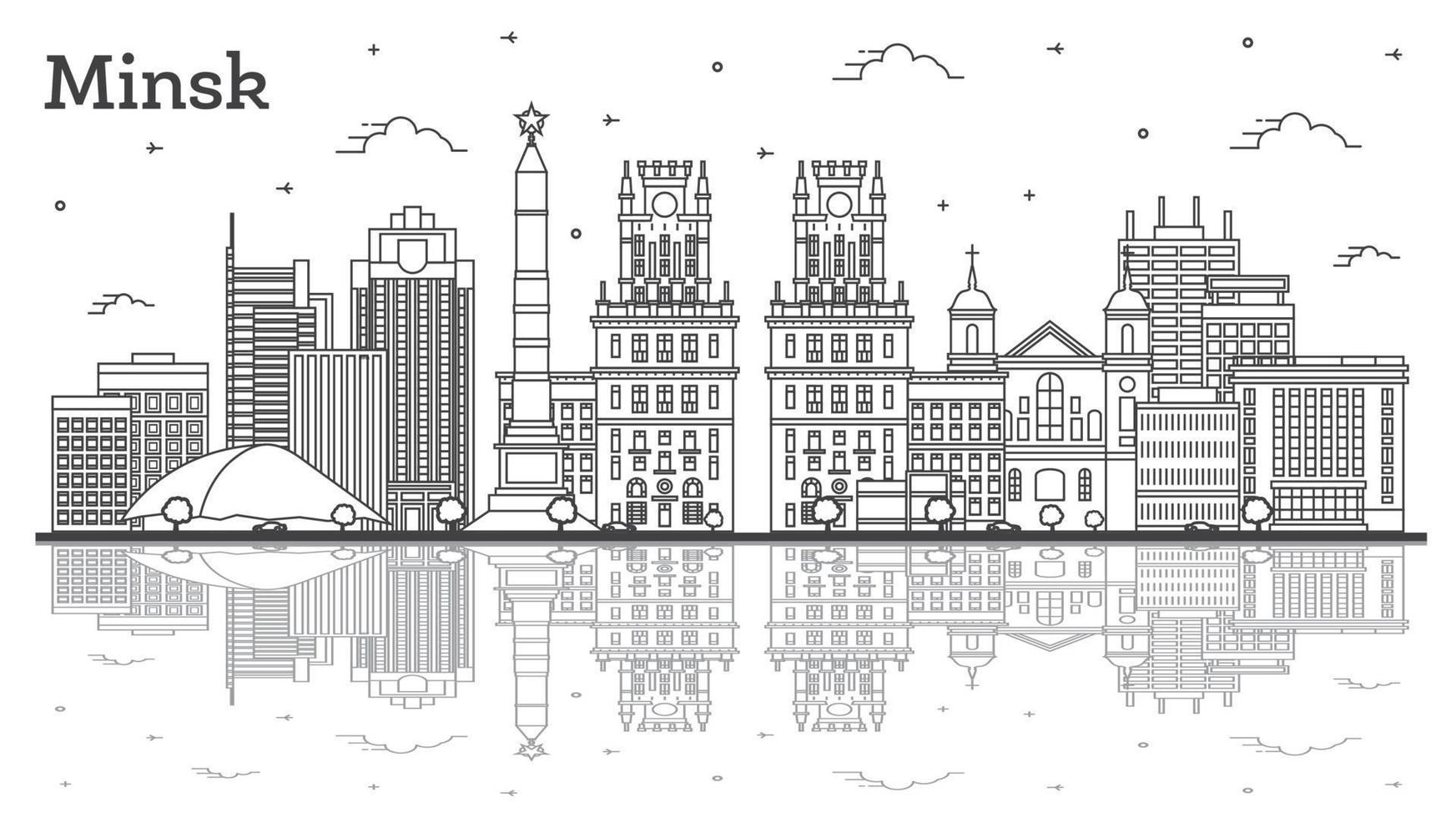 delinear el horizonte de la ciudad de minsk, bielorrusia, con edificios modernos y reflejos aislados en blanco. vector