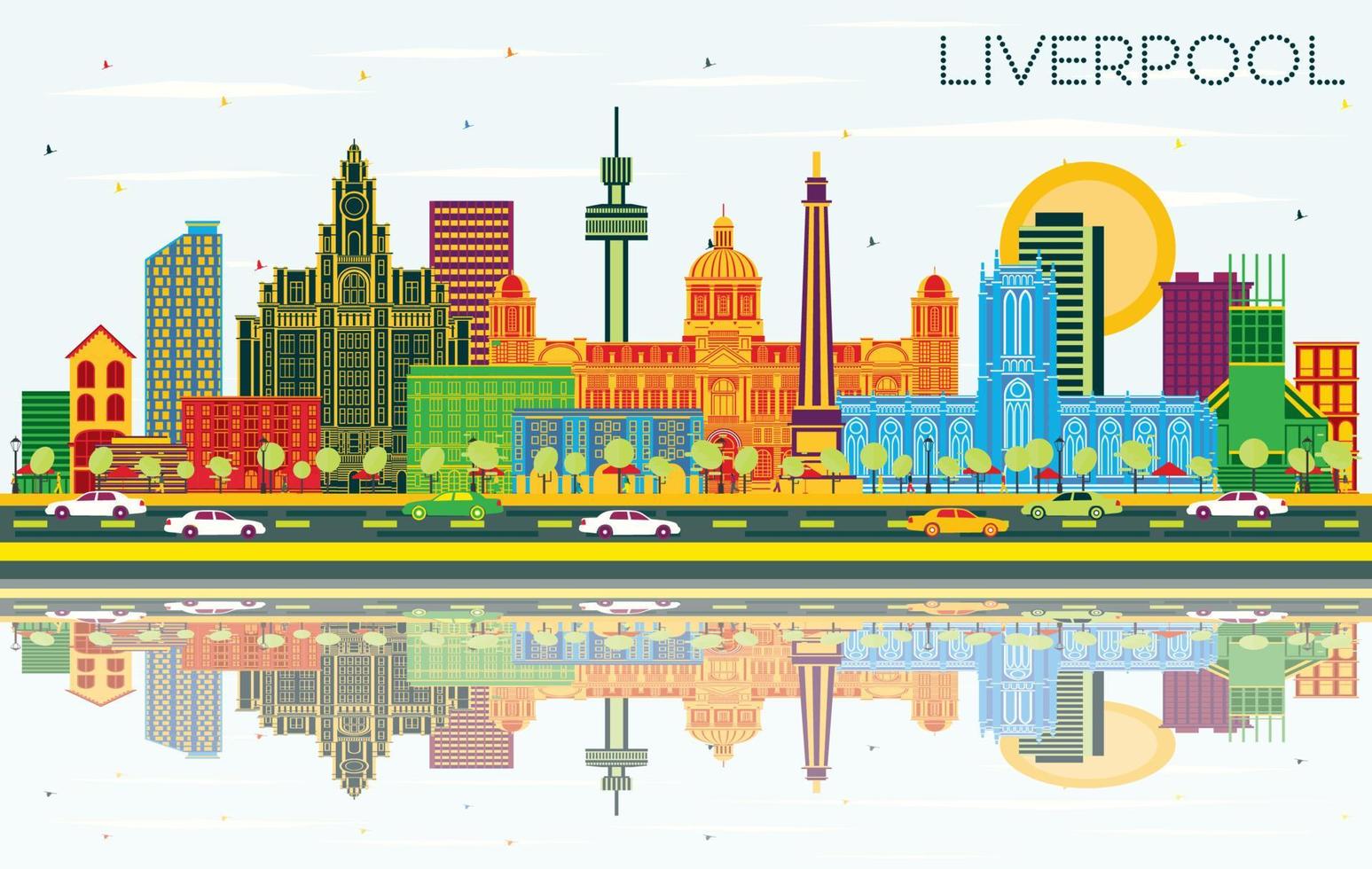 horizonte de la ciudad de liverpool reino unido con edificios de color, cielo azul y reflejos. vector