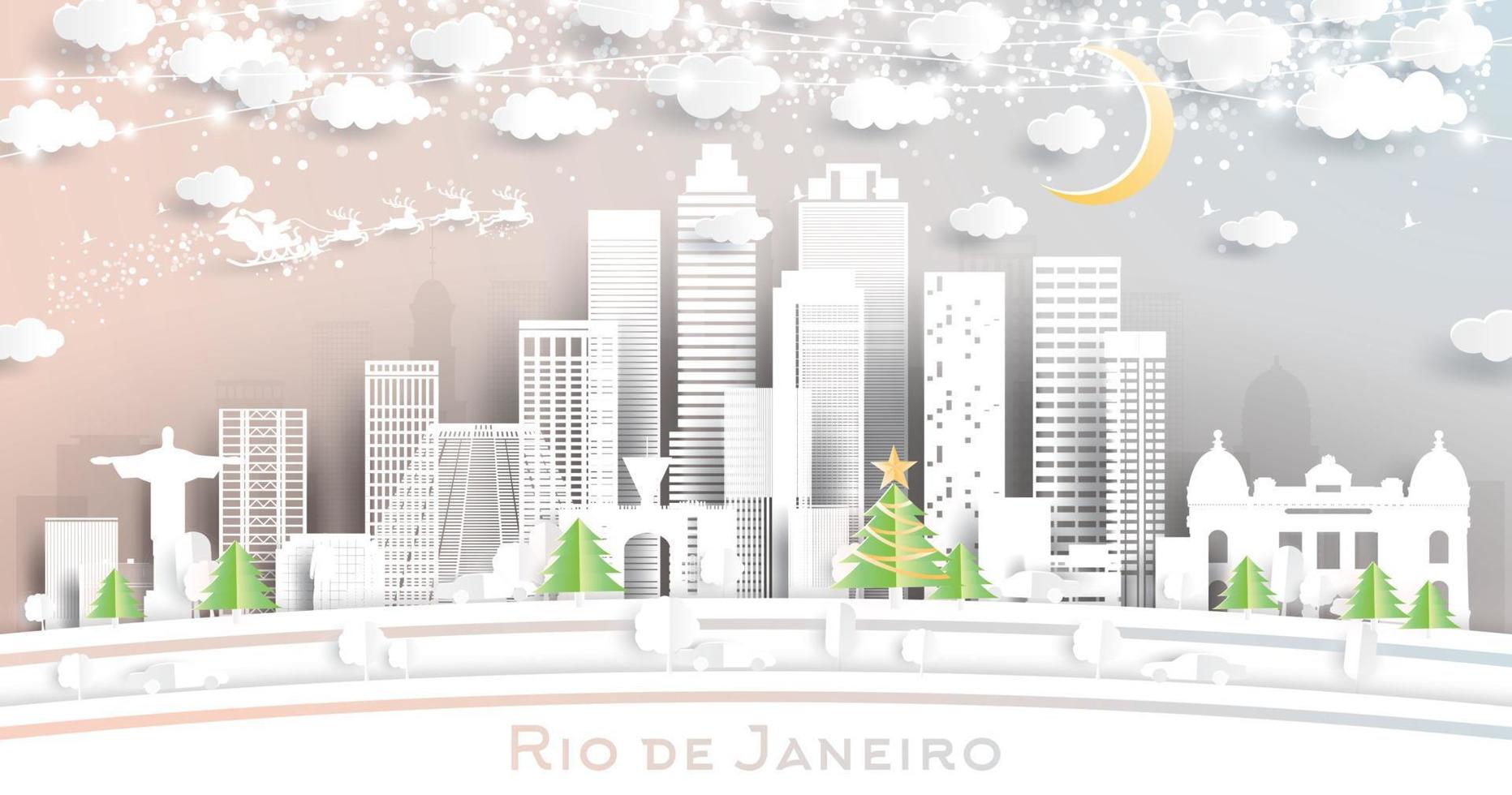 horizonte de la ciudad de río de janeiro brasil en estilo de corte de papel con copos de nieve, luna y guirnalda de neón. vector