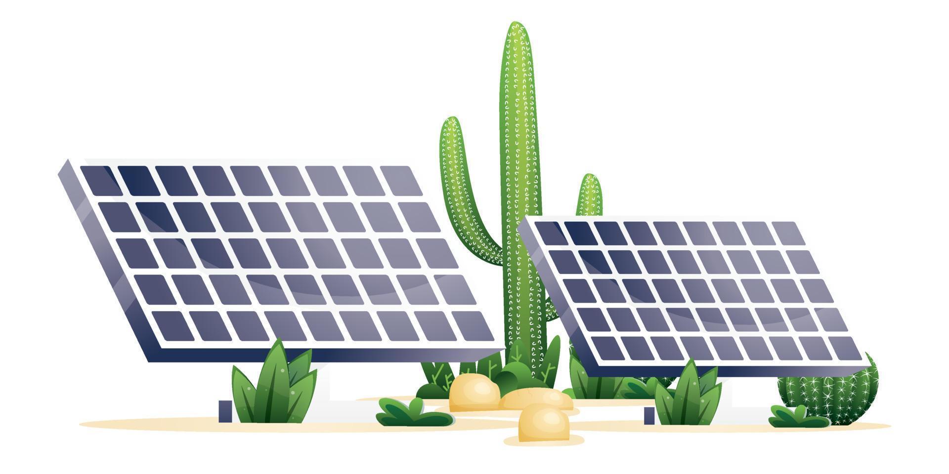 Two Solar Panels and Plants of Desert Isolated on White. Cactuses and Stones. vector