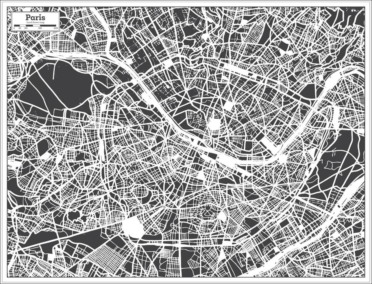 mapa de la ciudad de parís francia en color blanco y negro en estilo retro. esquema del mapa. vector