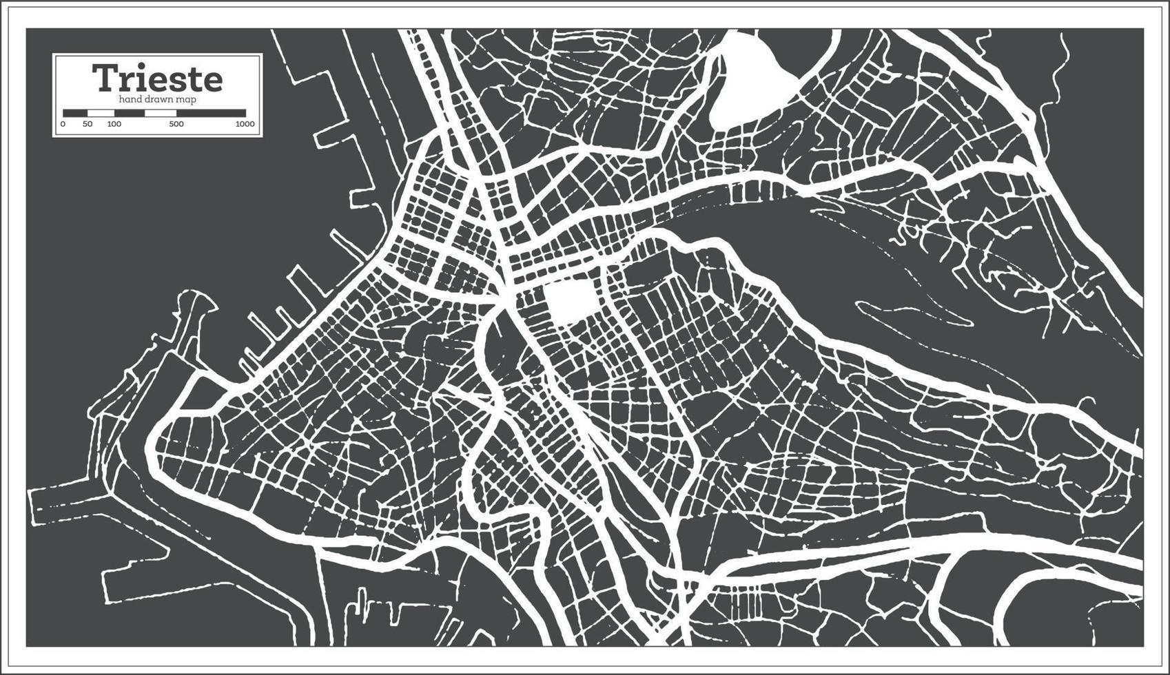 mapa de la ciudad de trieste italia en color blanco y negro en estilo retro. esquema del mapa. vector