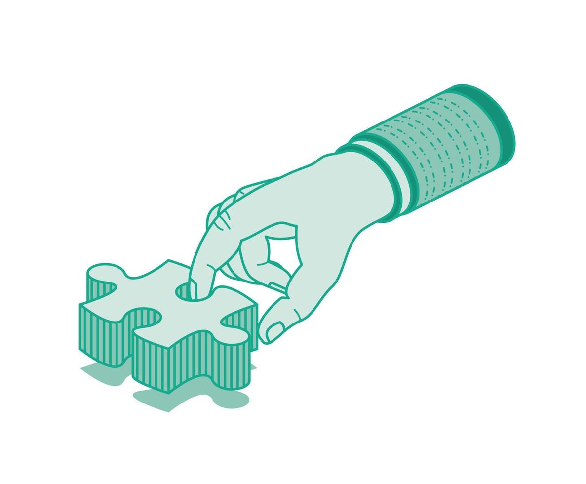 Hand Holding Puzzle. Outline Isometric Concept. Business Solution. vector