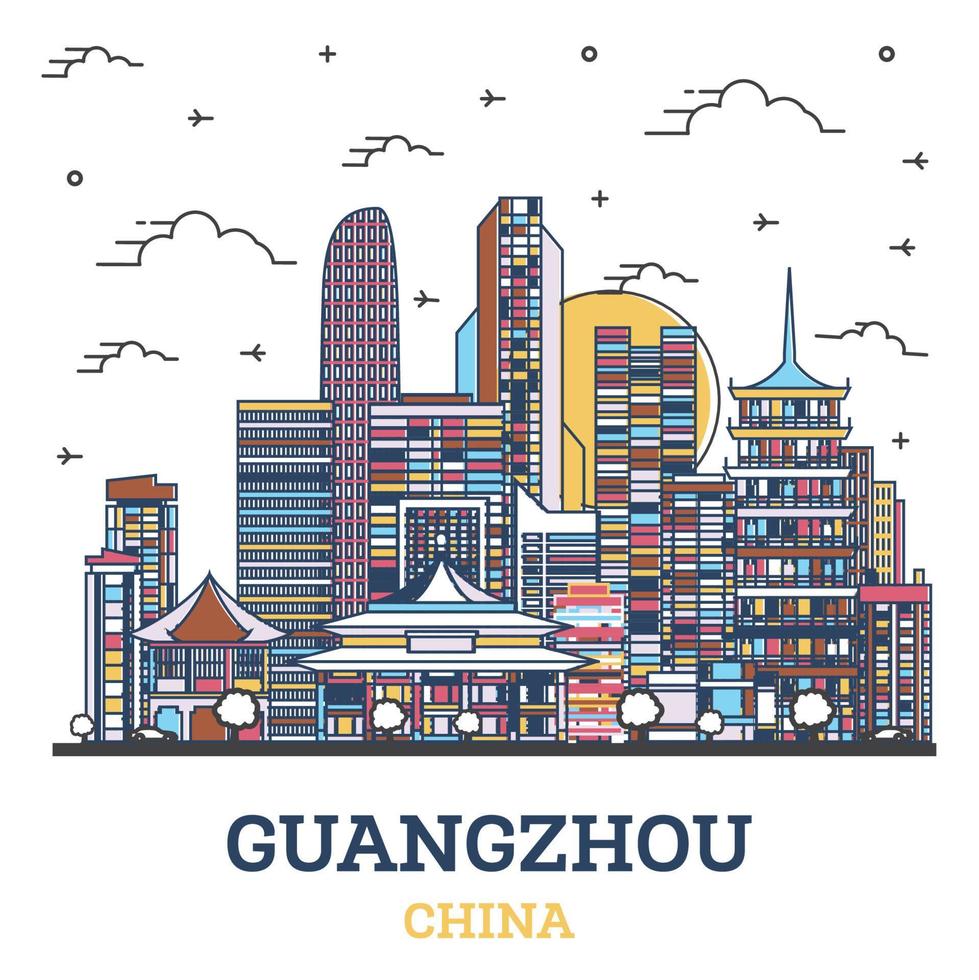 Outline Guangzhou China City Skyline with Colored Modern Buildings Isolated on White. vector