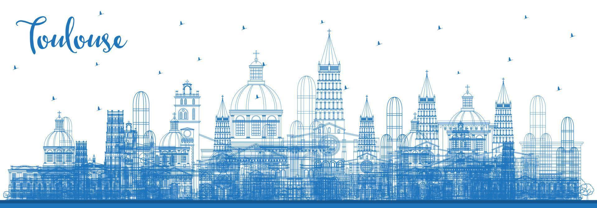 Outline Toulouse France City Skyline with Blue Buildings. vector