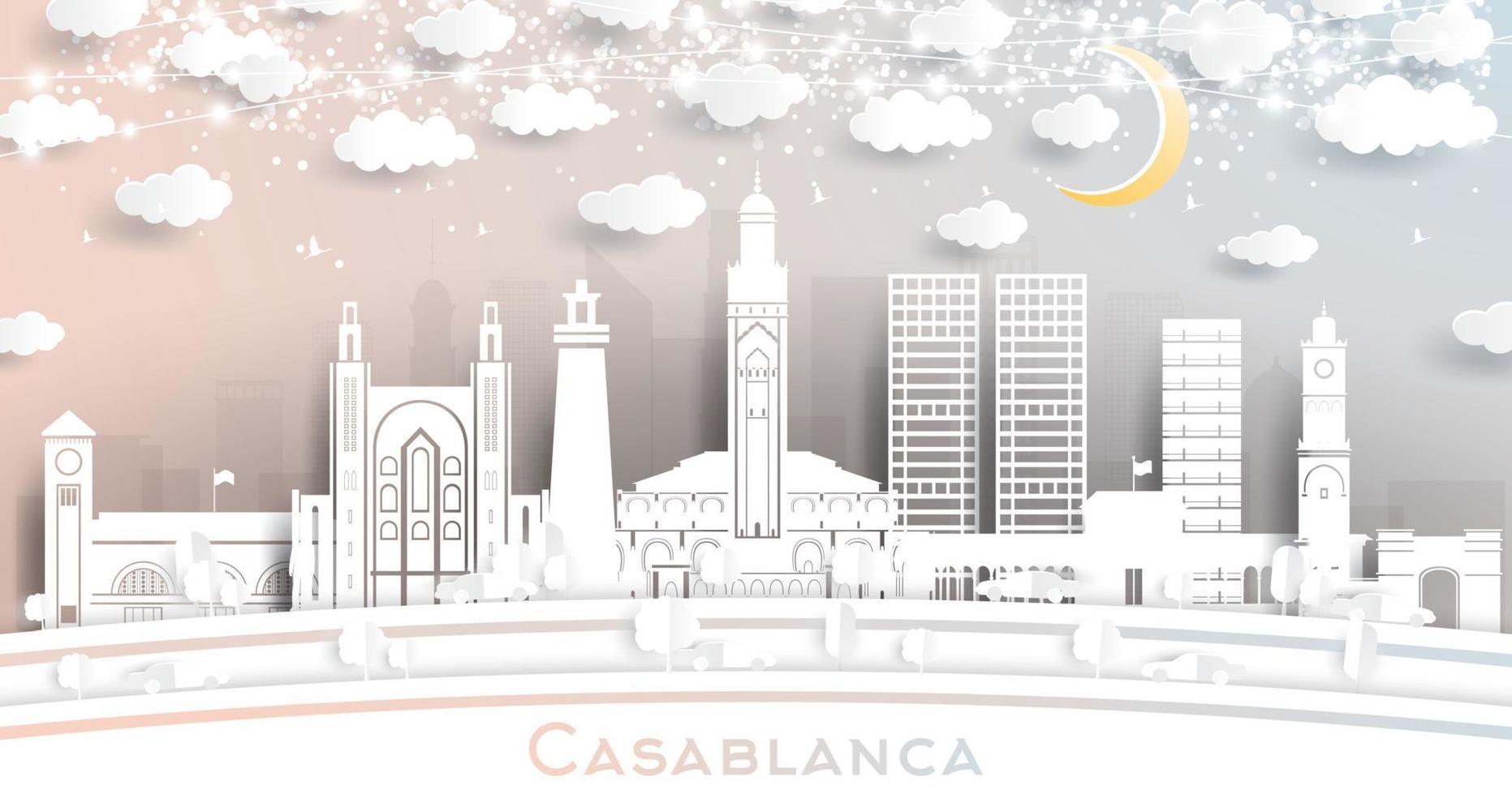 el horizonte de la ciudad de casablanca marruecos en estilo de corte de papel con edificios blancos, luna y guirnalda de neón. vector