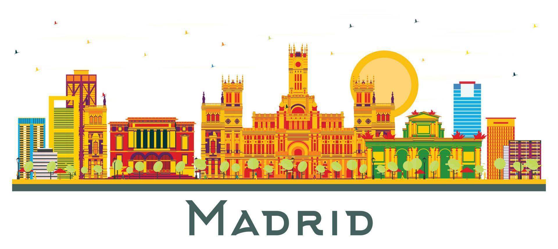 Madrid Spain City Skyline with Color Buildings Isolated on White. vector