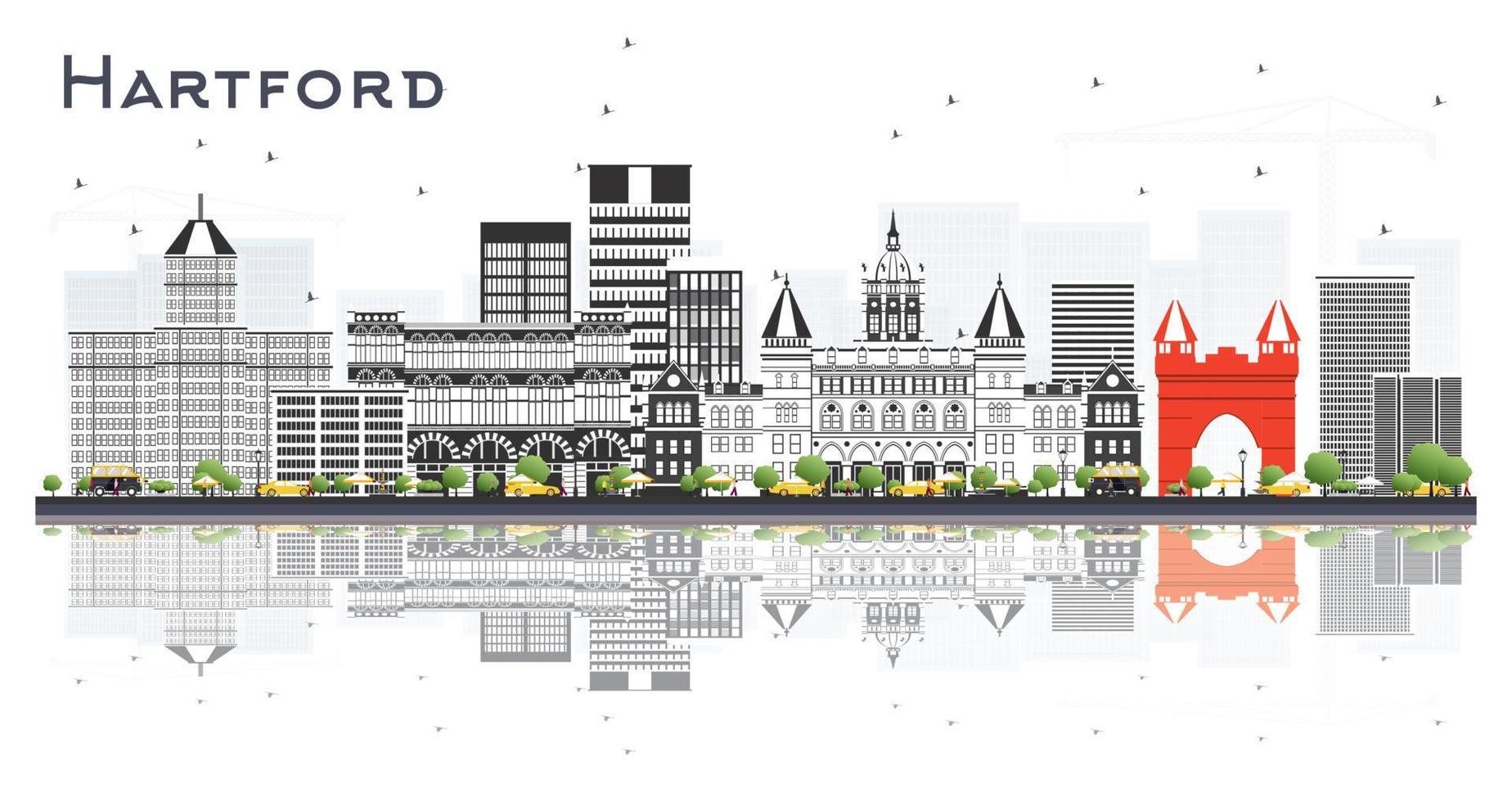 Hartford Connecticut City Skyline with Gray Buildings and Reflections Isolated on White. vector