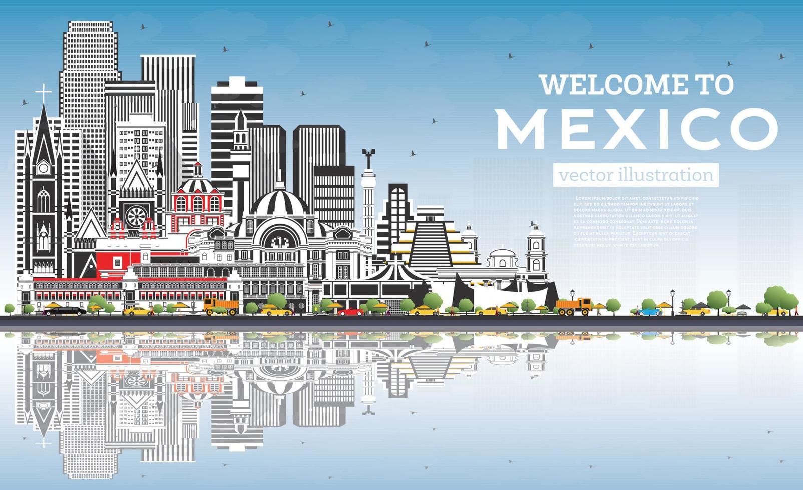 Welcome to Mexico City Skyline with Gray Buildings, Blue Sky and Reflections. vector