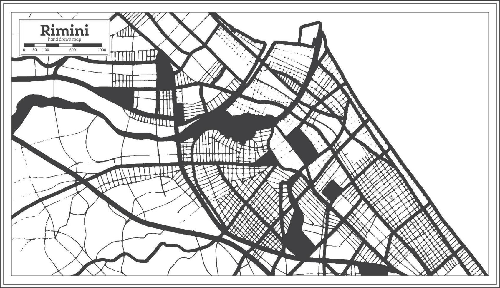 mapa de la ciudad de rimini italia en color blanco y negro en estilo retro. esquema del mapa. vector