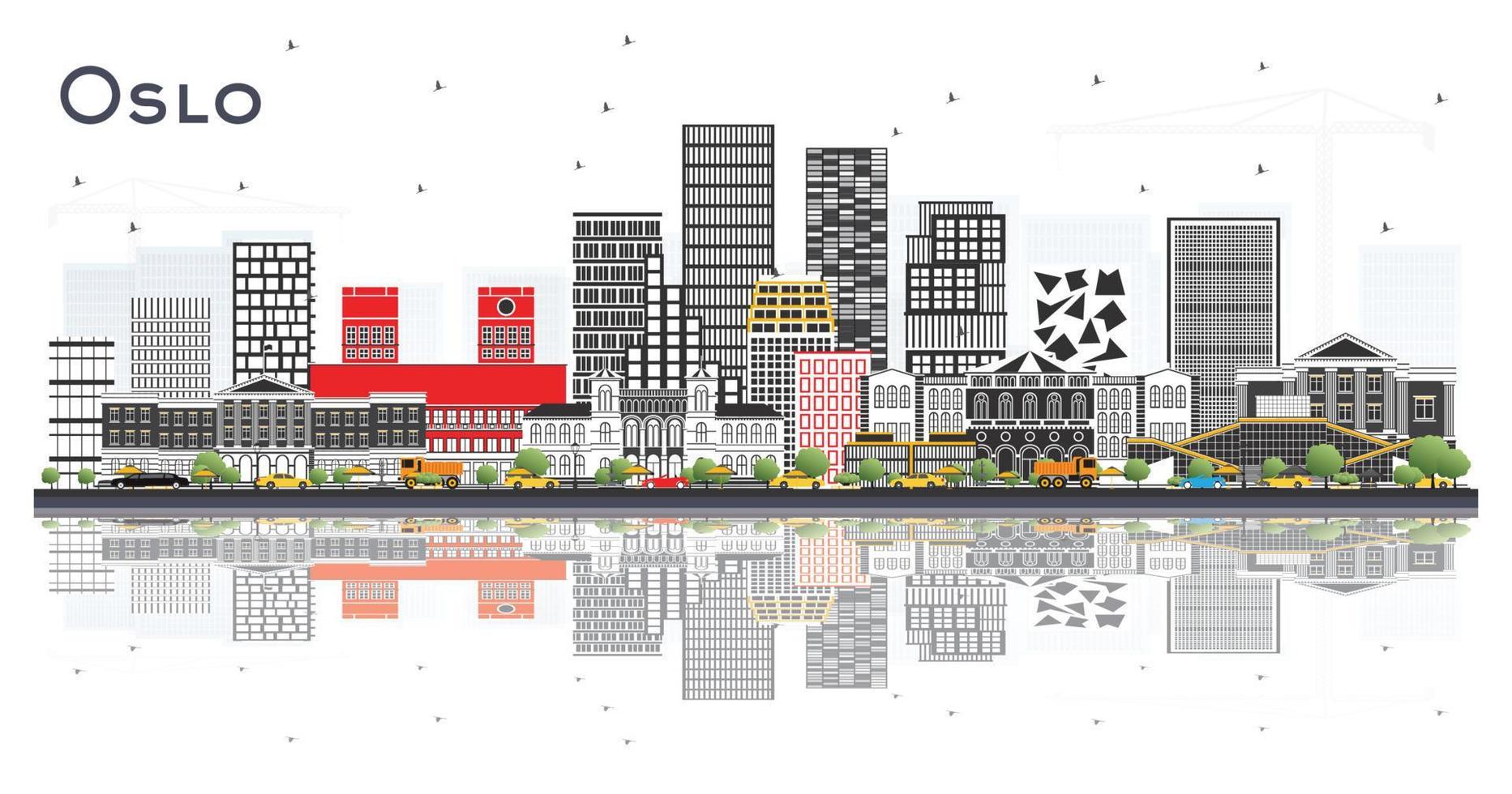 horizonte de oslo noruega con edificios grises y reflejos aislados en blanco. vector