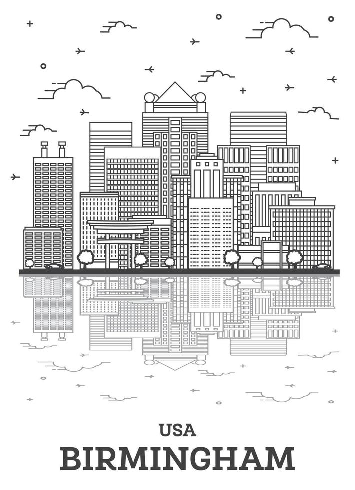 Outline Birmingham Alabama USA City Skyline with Modern Buildings and Reflections Isolated on White. vector