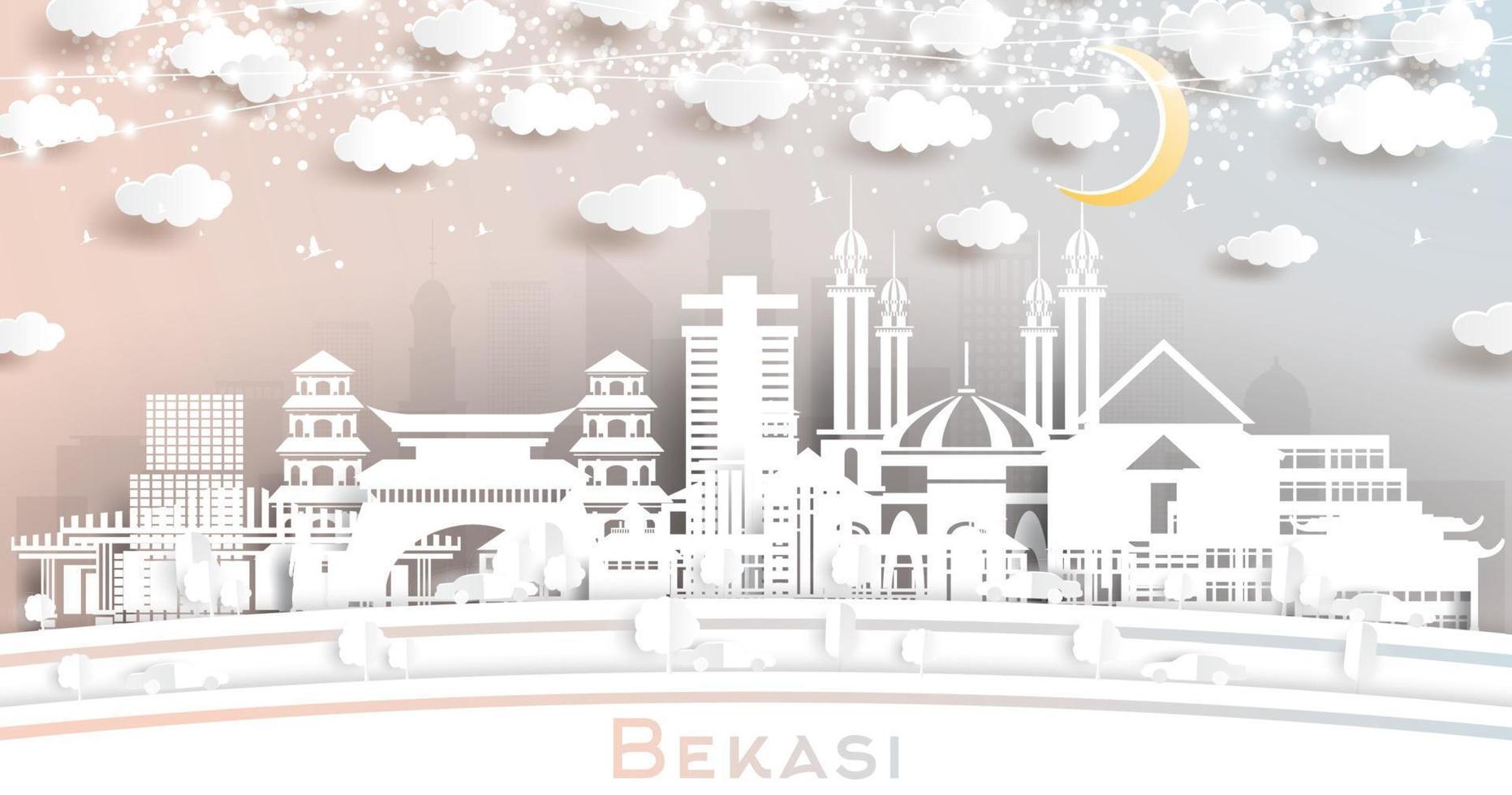 Bekasi Indonesia City Skyline in Paper Cut Style with White Buildings, Moon and Neon Garland. vector