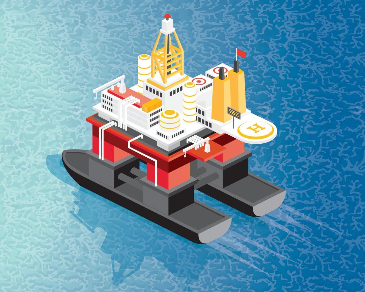 Isometric Oil Rig and Gas Platform in Gulf or Sea. Offshore Oil Drilling. vector