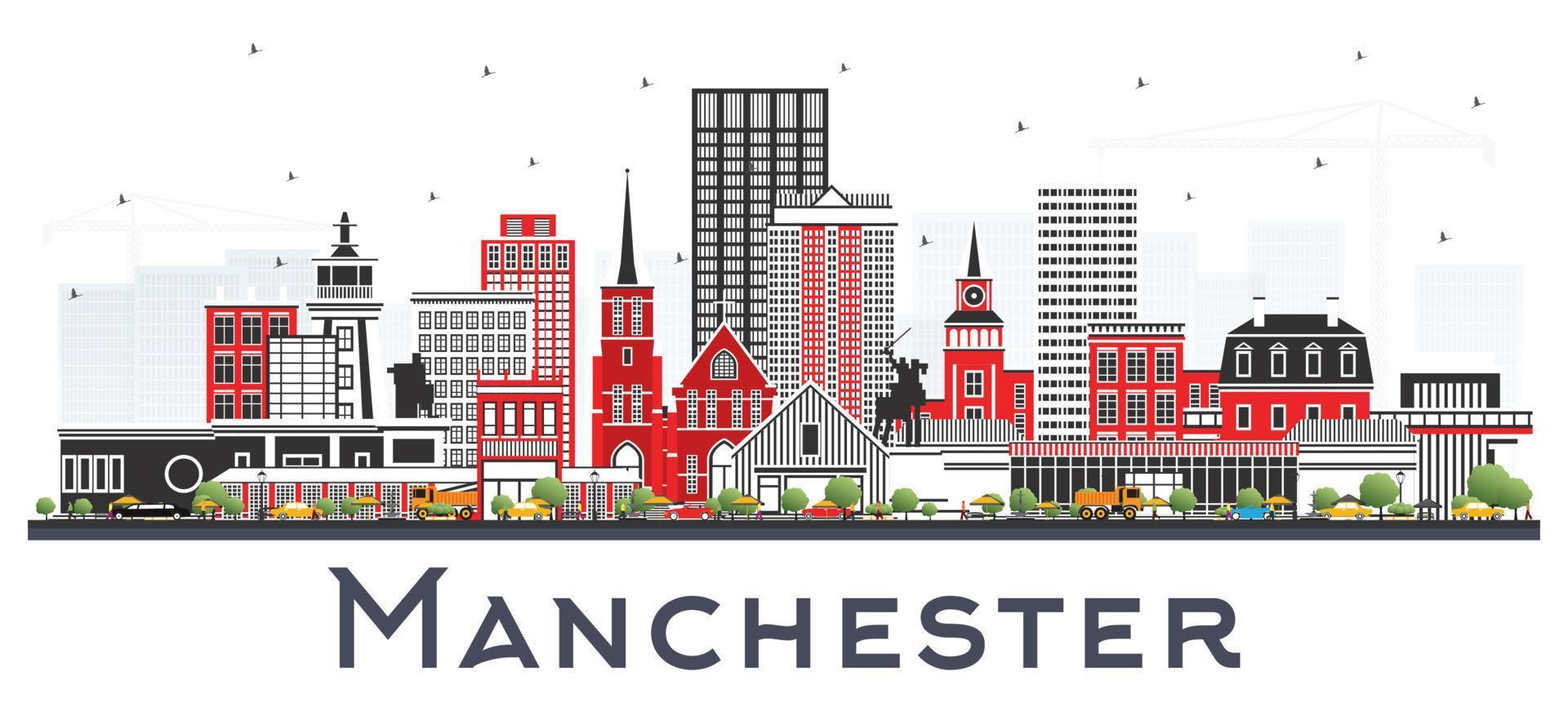 horizonte de la ciudad de manchester new hampshire con edificios grises aislados en blanco. vector