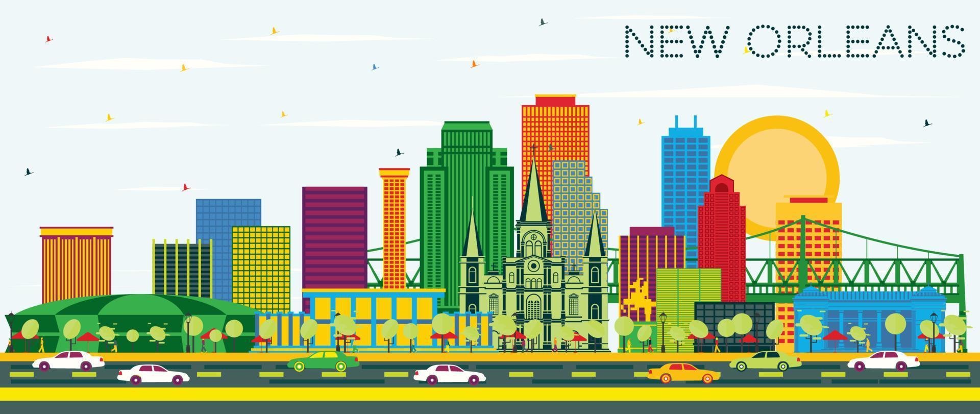 New Orleans Louisiana City Skyline with Color Buildings and Blue Sky. vector
